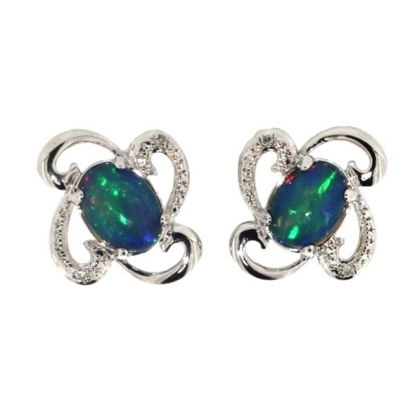 Mesmerizing Natural Cabochon Black Opal Earrings Diamond Accent Sterling Silver